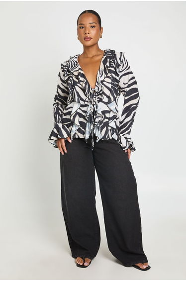 Plus ZebraTie Front Ruffle Blouse - zebra