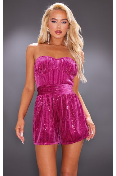 Hot Pink Velvet Sequin Bandeau Ruched Bust Playsuit