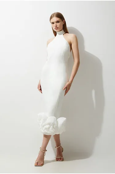 Figure Form Bandage Ruffle Hem Halter Knit Midi Dress