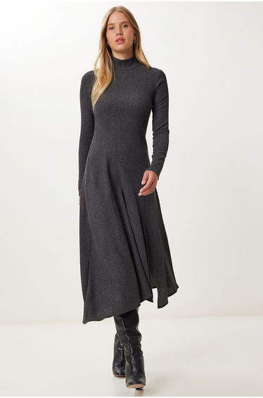 Women's Anthracite Flounce Slit Midi Crinkle Dress