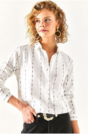 Women's White Flared Linen Shirt with Stitching Detail