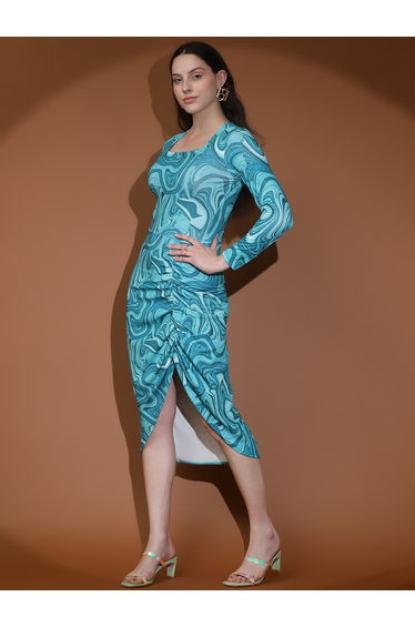 Abstract Printed Ruched Sheath Midi Dress