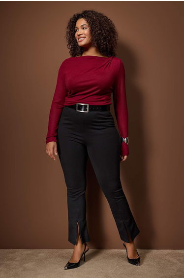 Burgundy fitted/body-fitting asymmetrical neck detailed soft fabric flexible knitted blouse