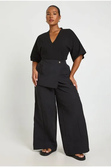 Plus Nylon Wide Leg Trouser With Overlay - black