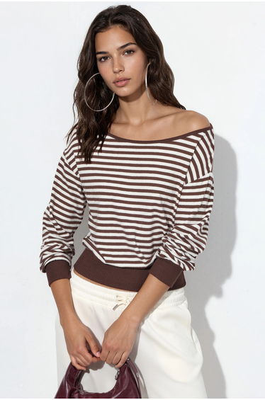 BUSEM Women's Striped Long-sleeve Ribbed T-shirt