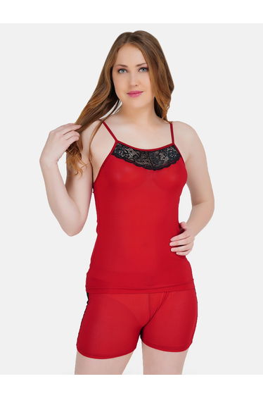 Women Red Lace Trim Cami and Shorts Set