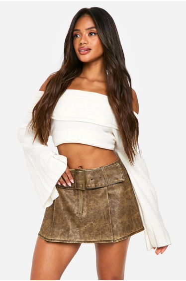 Washed Pu Belted Micro Mini Skirt