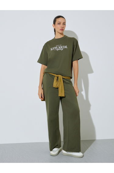 Olive Text Print Cotton Blend T-Shirt and Joggers Co-ord Set