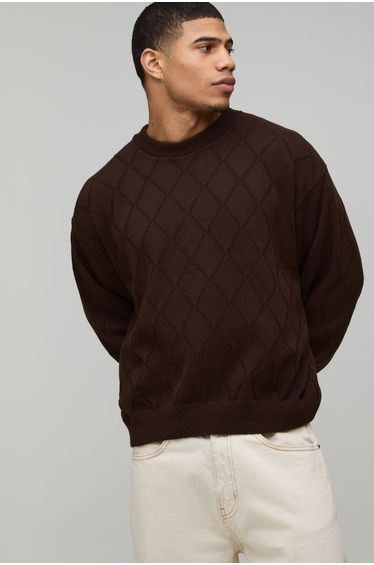 Oversized Boxy Diamond Stitch Knitted Jumper - chocolate