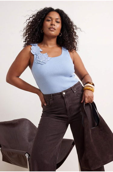 Light Blue Floral Detailed Fitted Knitwear Summer Thin Blouse