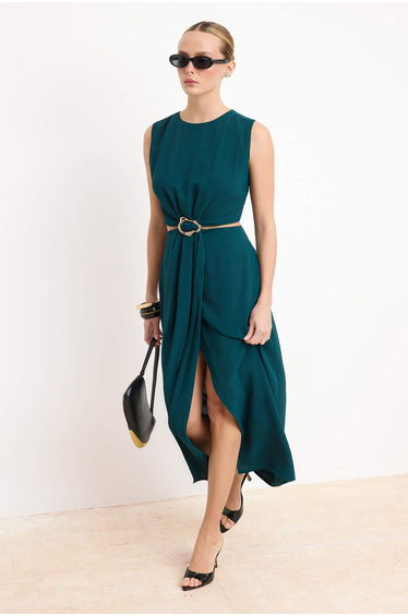 Petrol Plain A-Line Maxi Woven Dress with Accessory Detail