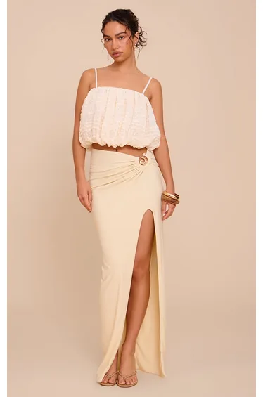 Beige Stretch Chiffon Trim Detail Maxi Skirt