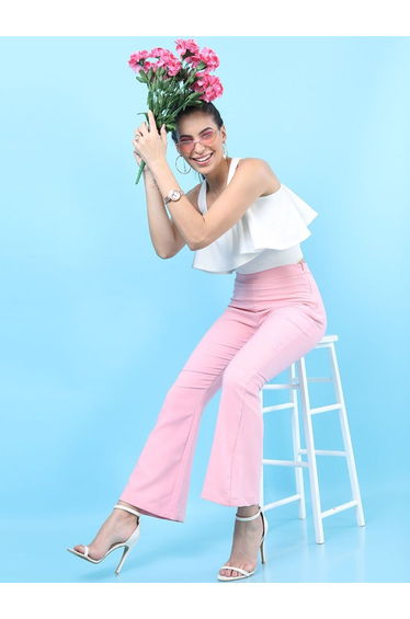 Women Pink Flared Pants with Side Zip