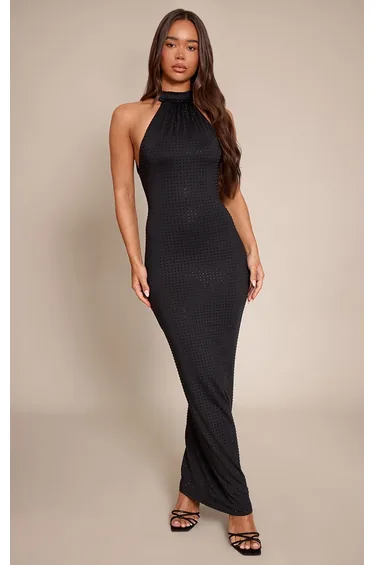 فستان ماكسي بظهر مكشوف بياقة هالتر بأحجار لاصقة - أسود