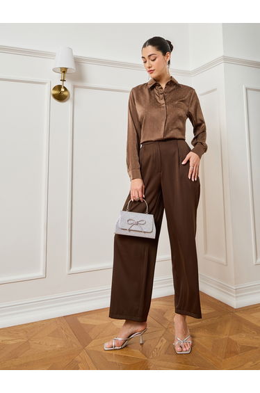 Women Brown Embellished Satin Shirt