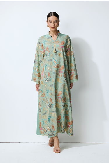 Gentle Prestige Green Paisley Print Kaftan Maxi Dress