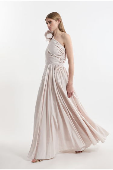 Petite Taffeta Rosette Neck Tailored Pleat Gathered Maxi Dress