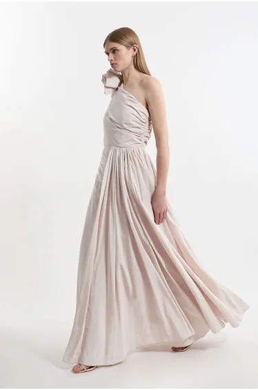 فستان ماكسي تافتا مزموم بكسرات بياقة بأزهار لون زهري - للمقاسات الصغيرة