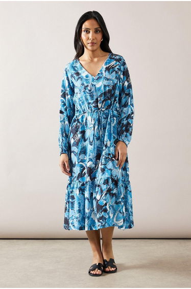 Petite Blue Abstract Drawstring Viscose Midi Dress