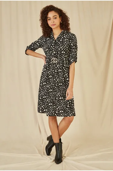 Mela Black Dash Print Dress With Buckle