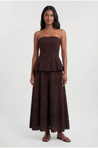 Cotton Broderie Peplum Bandeau Midi Dress