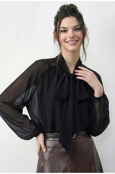 LUCCI Choker Collar Chiffon Blouse with Tie Detail
