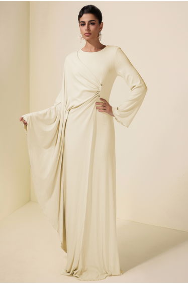 Solid Round Neck Cape Sleeve Maxi Dress