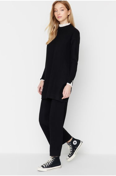 Black Pearl and Tulle Detailed Sweater-Pants Knitwear Set