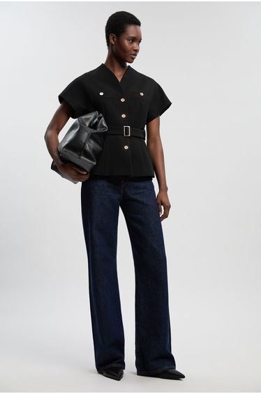 Textured Compact Stretch High Neck Belted Top