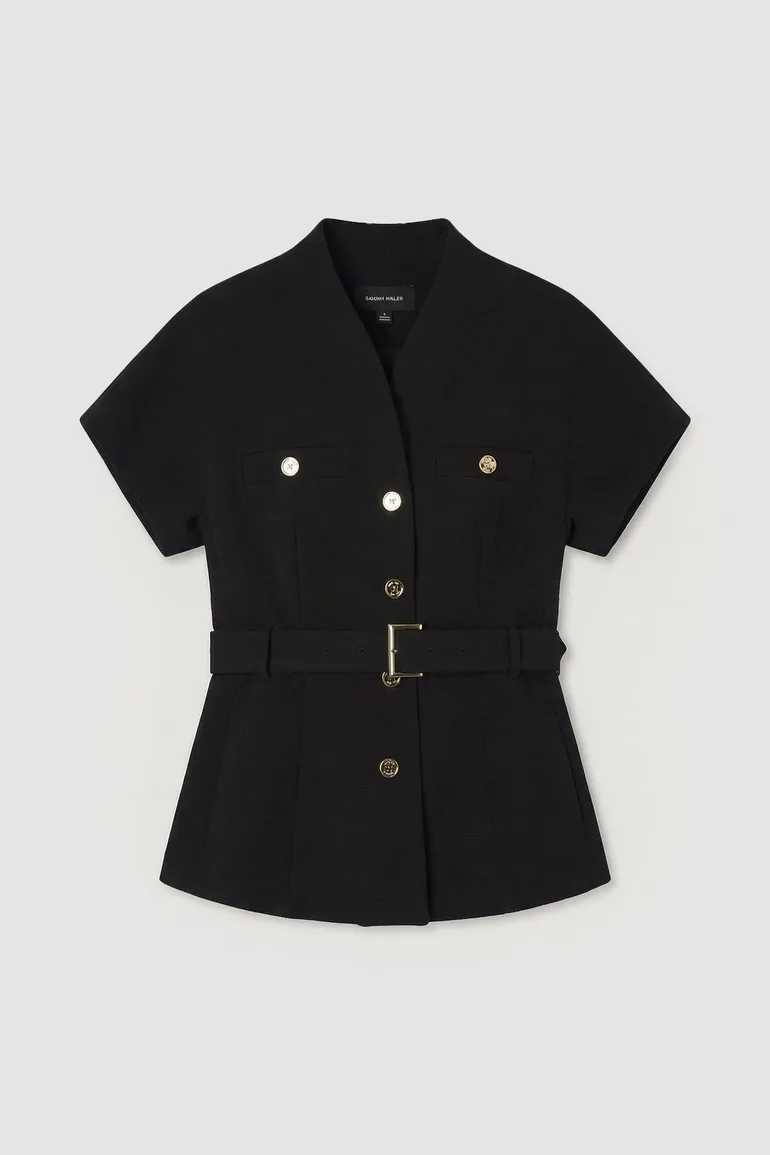 Textured Compact Stretch High Neck Belted Top - 2