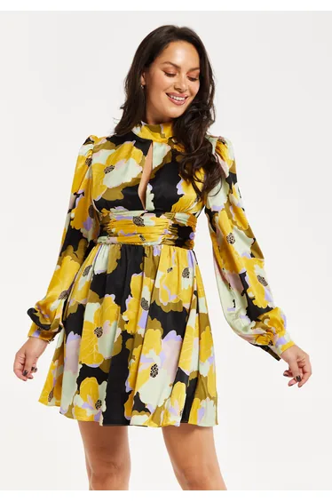 فستان قصير نسائي طويل بأكمام منفوخة بطبعة أزهار