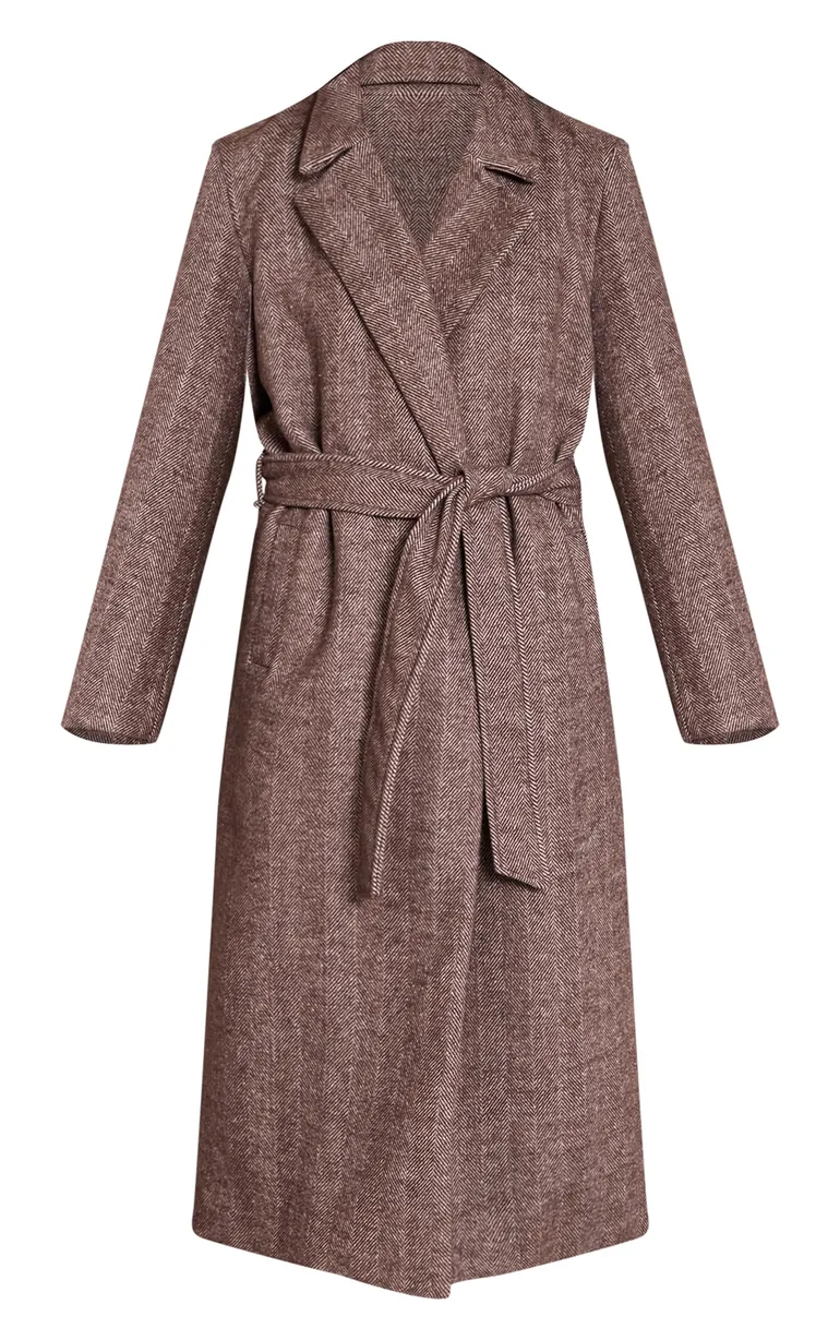 Brown Herringbone Tie Waist Maxi Coat Prettylittlething Brown : Coats :  VogaCloset Oman
