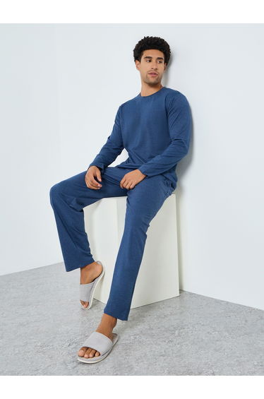 Men Navy Long Sleeve T-Shirt and Pyjama Set