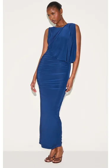 Navy Double Layer Slinky Drape Ruched Maxi Dress