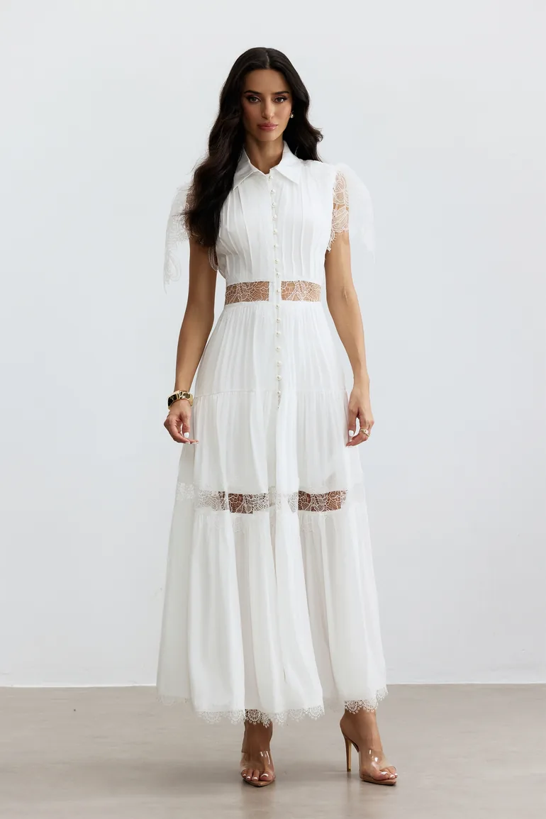 lace waist button maxi dress THE LACE BUTTON FRONT MAXI DRESS MEDIUM / White