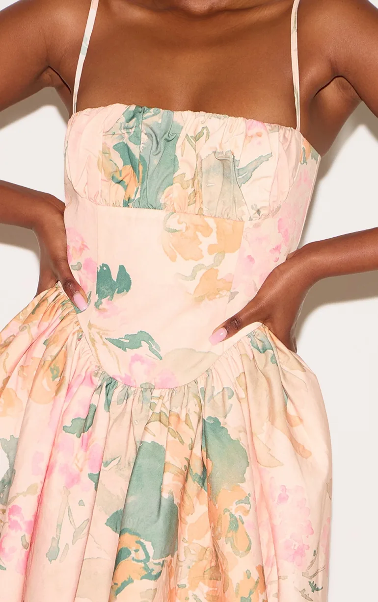 Pink Abstract Floral Ruched Bust Corset Strappy Midaxi Dress - 3