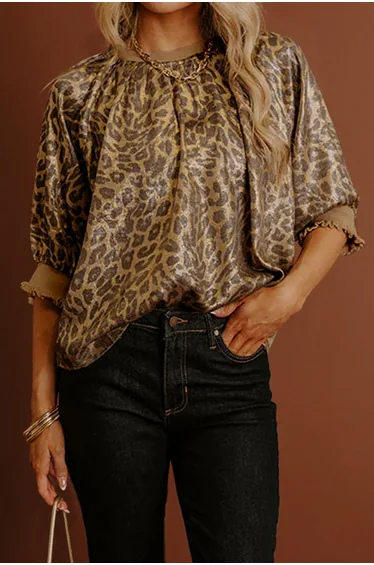 Lvness Gold Half Sleeve Metallic Leopard Print Blouse