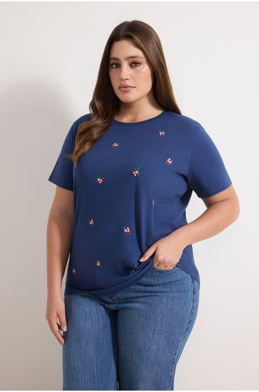Indigo Boyfriend 100% Cotton Knitted Plus Size T-Shirt with Floral Embroidery Detail