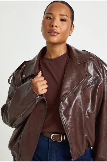 Plus Faux Leather Bubble Hem Biker Jacket - burgundy