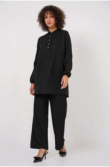 Linen Tunic Trousers Two Piece Set - Black