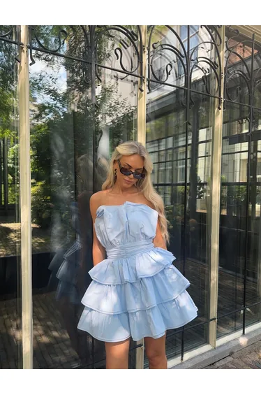 Light Blue Tiered Pleated Mini-Dress