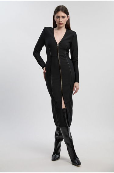 PU Tipped Detail Zip Through Bandage Knit Midi Dress