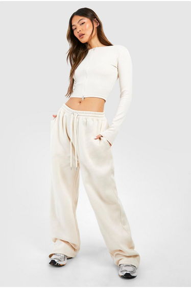 Double Zip Long Sleeve Rib Top And Straight Leg Jogger Set - stone