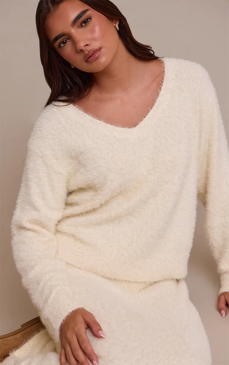 Cream Fluffy V Neck Knitted Oversized Jumper