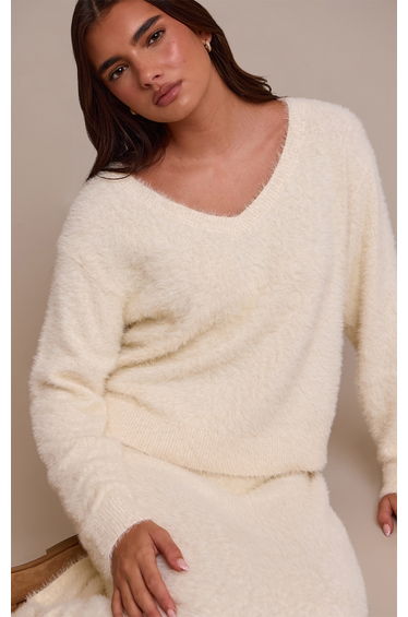 Cream Fluffy V Neck Knitted Oversized Jumper