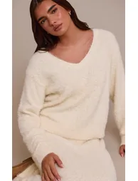 Cream Fluffy V Neck Knitted Oversized Jumper