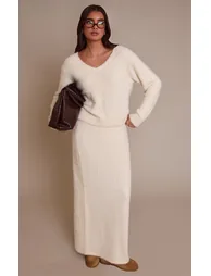 Cream Fluffy V Neck Knitted Oversized Jumper - 2