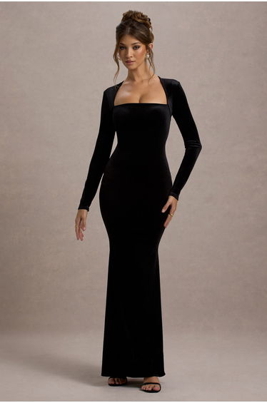 Morana | Black Velvet Square-Neck Long-Sleeve Maxi Dress