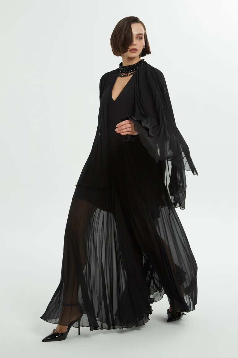 Cape Detail Pleated Black Dress