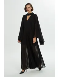 Cape Detail Pleated Black Dress - 2
